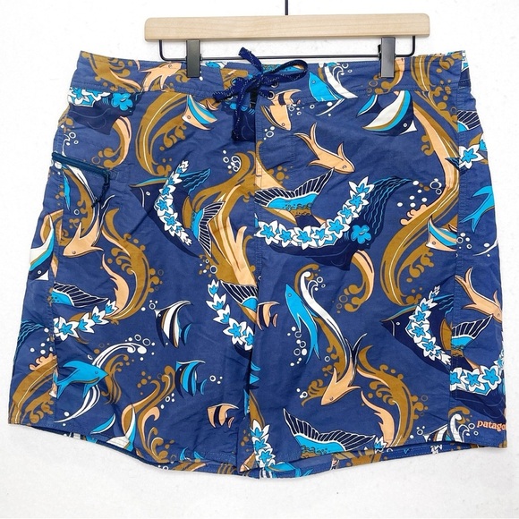 Patagonia Paradise Fish Glass Blue Minimalist Wavefarer Board Shorts Size 38 - Picture 2 of 7